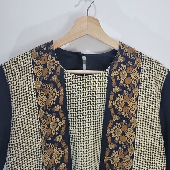 Vintage Floating Layers High Low Houndstooth and Brown Florals Blouse - Picture 2 of 8